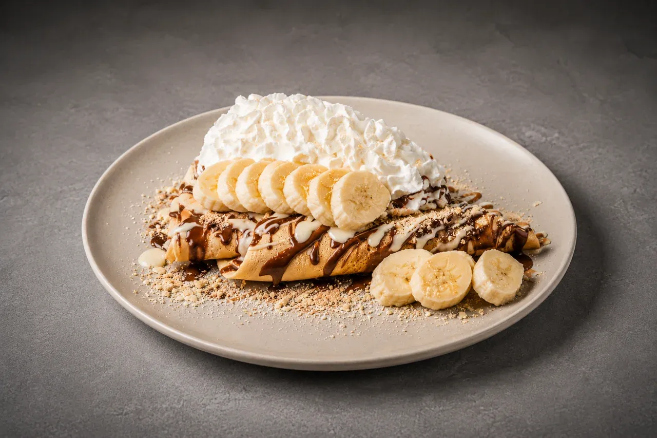 Banana lada palačinka na tanjuru - standard palačinka, banana, čokoladni namaz