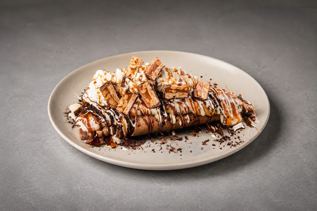 Snickers winter palačinka na tanjuru - čokoladna palačinka, maslac od kikirikija, petit beurre keksi